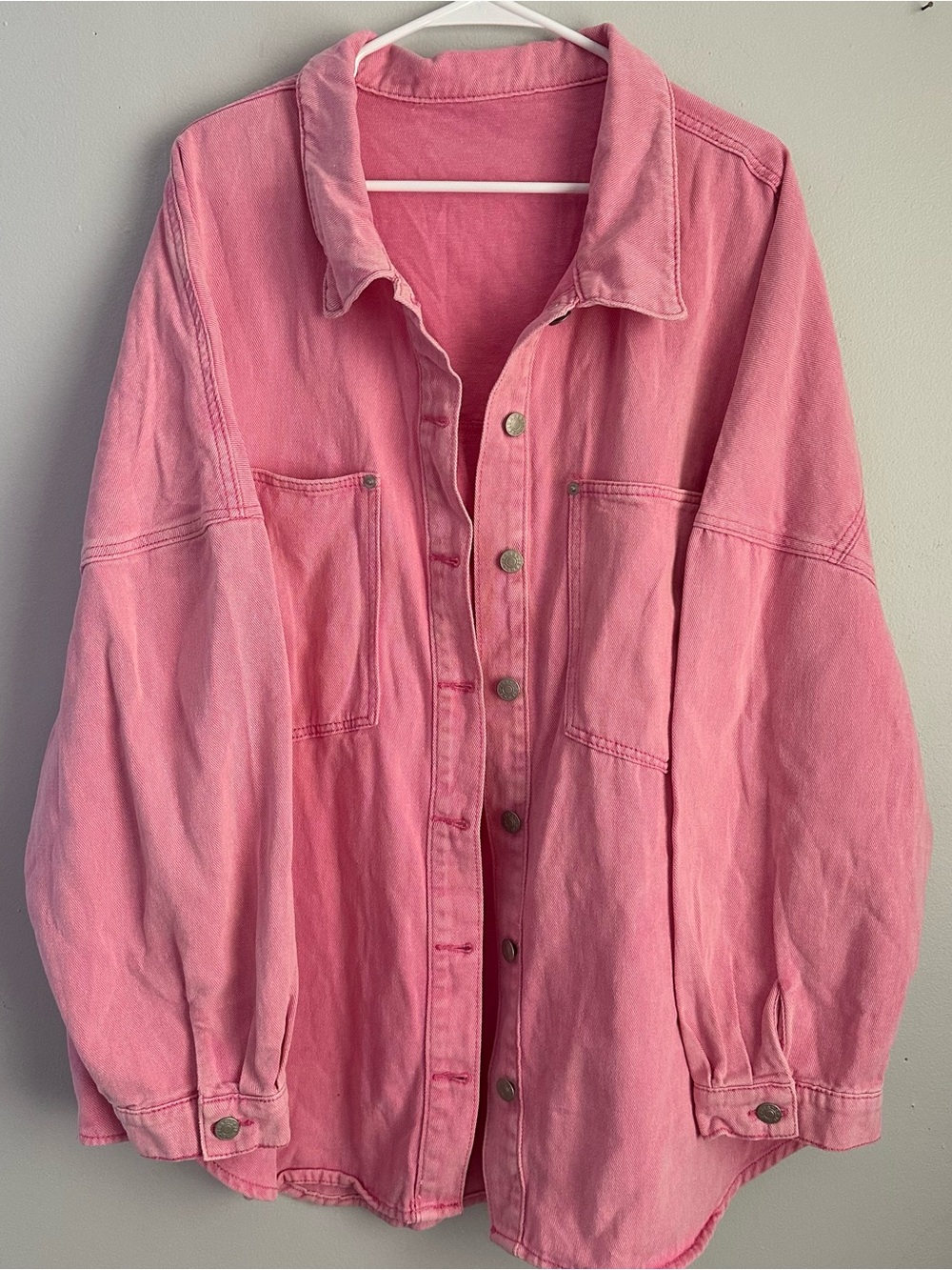 Oversized pink denim jacket womenโs xxl / 2x drop shoulder shacket 2xl